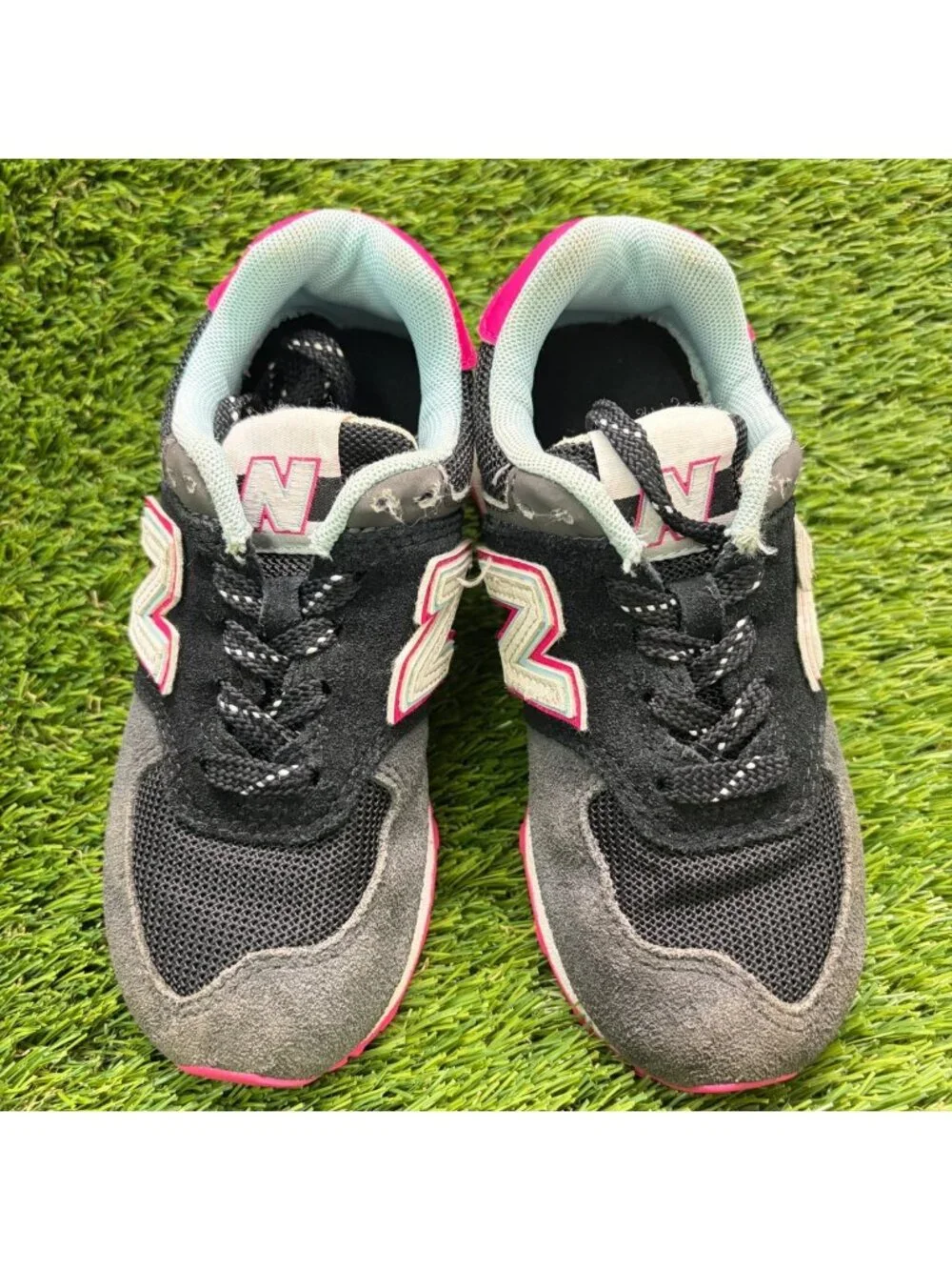 New Balance 574 Girls Size 11C Black Pink Blue Athletic Running Shoes Sneakers